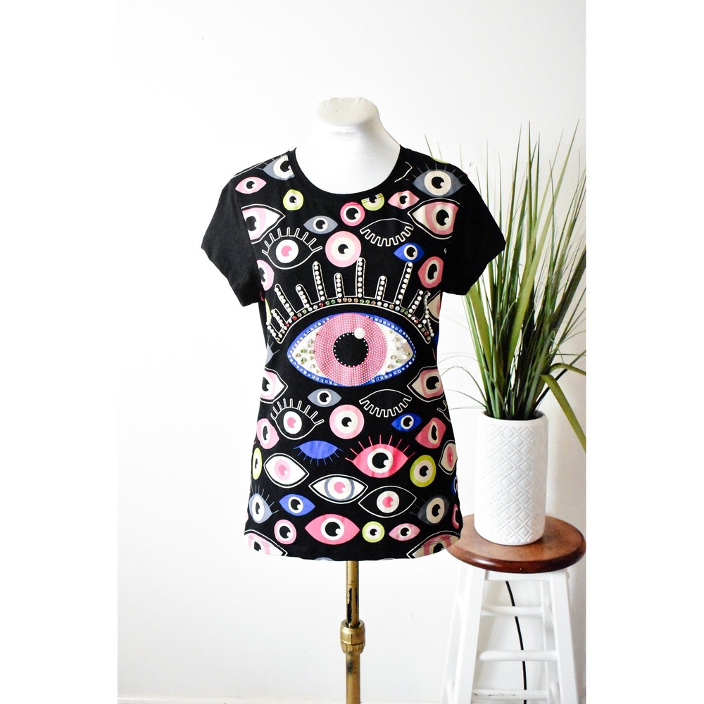 The Love Brand Graphic Top Women S/M Black Evil Eye Embellished Rhinestone Pearl